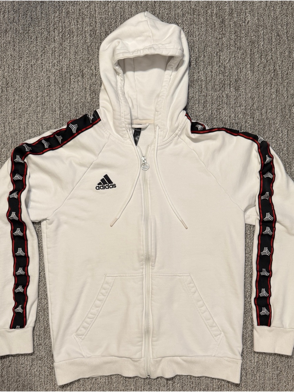 adidas Men’s White Full-Zip Hoodie Black & Red Sleeve Tape Casual Sporty Sweater